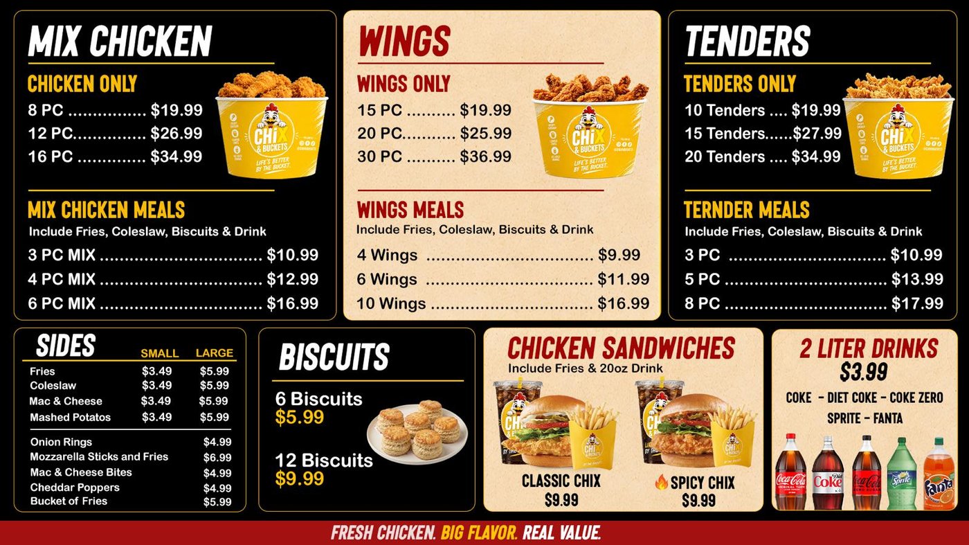Chix & Buckets Mix Chicken, Wings, Tenders, sides, biscuits, chicken sandwiches and drinks menu board